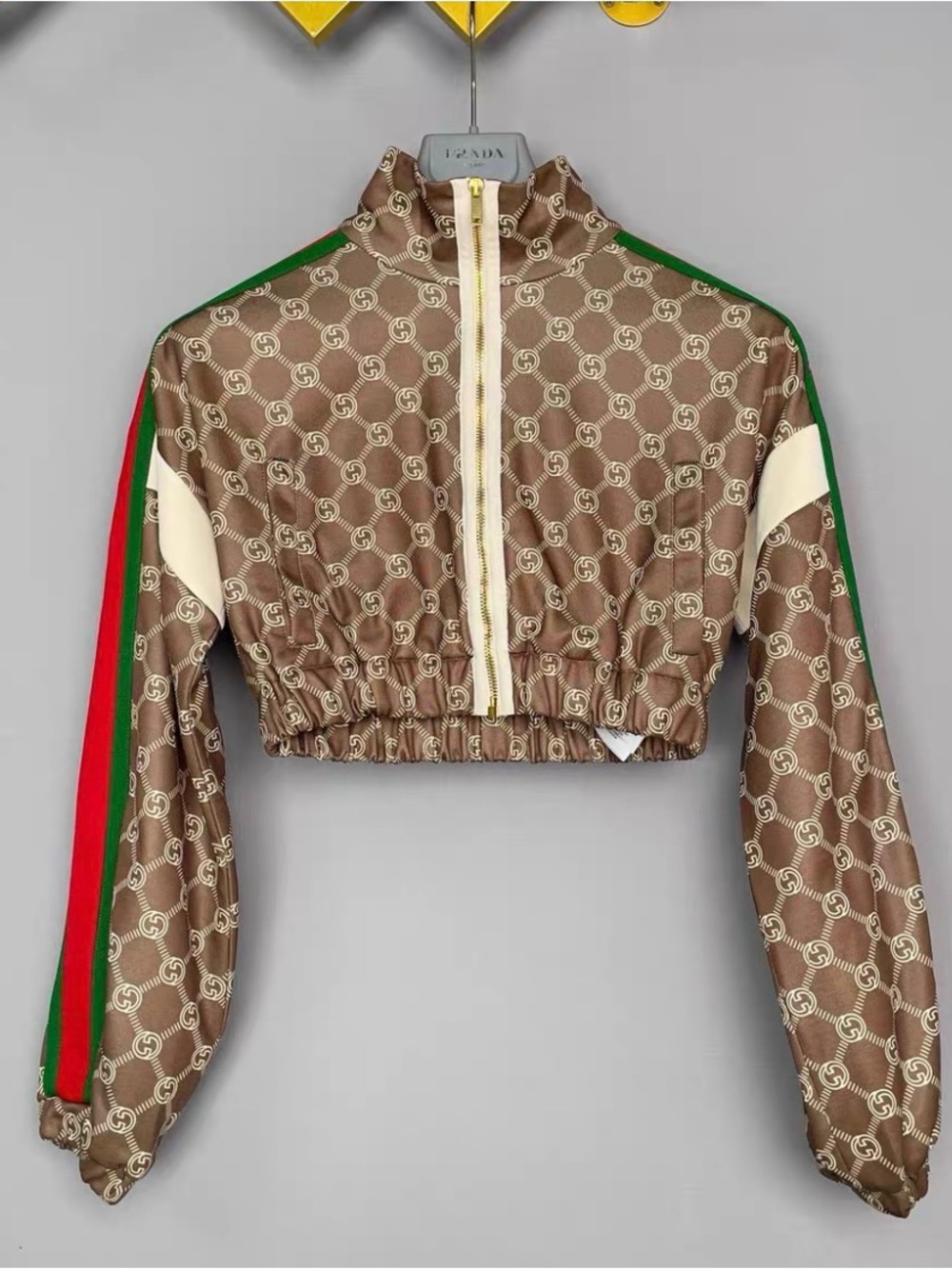 Gucci Brown Monogram Cropped Track Jacket with Red & Green Stripes